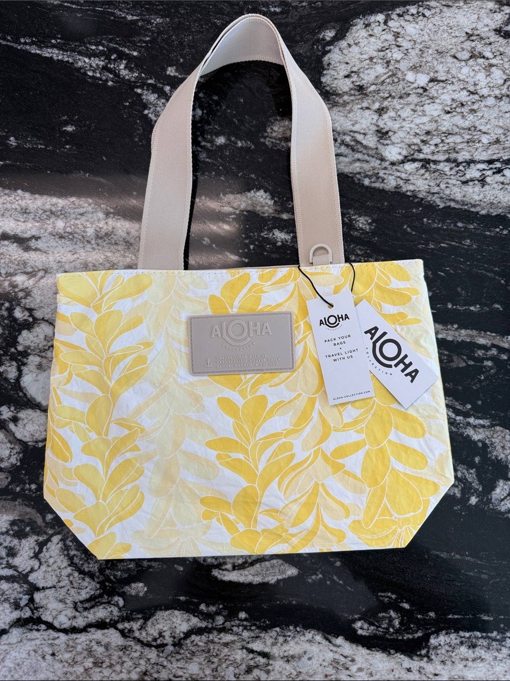 ALOHA Collection Yellow Leaf Print Tote with Cream Handles